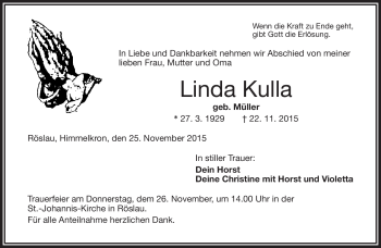 Traueranzeige von Linda Kulla von Frankenpost