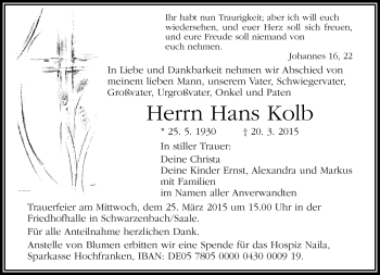 Traueranzeige von Hans Kolb von Frankenpost