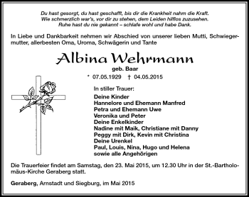Traueranzeige von Albina Wehrmann von Südthüringer Presse