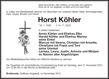 Traueranzeige von Horst Köhler von Südthüringer Presse