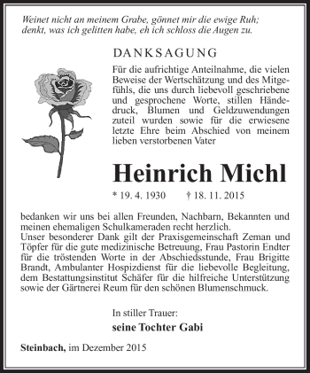 Traueranzeige von Heinrich Michl von Südthüringer Presse