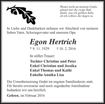 Traueranzeige von Egon Hertrich von Südthüringer Presse