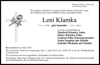 Traueranzeige von Leni Klamka von Neue Presse Coburg