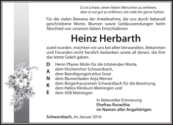 Traueranzeige von Heinz Herbarth von Südthüringer Presse
