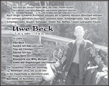 Traueranzeige von Uwe Beck von Südthüringer Presse
