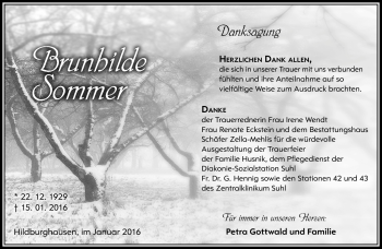 Traueranzeige von Brunhilde Sommer von Südthüringer Presse