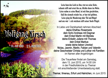 Traueranzeige von Wolfgang Kirsch von Südthüringer Presse