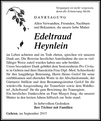 Traueranzeige von Edeltraud Heynlein von Südthüringer Presse