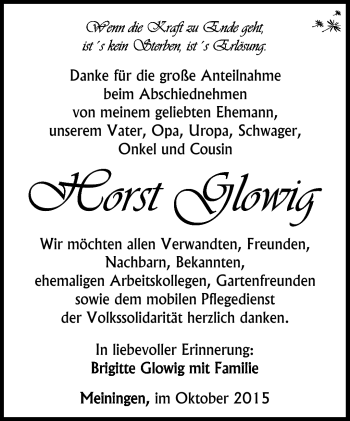 Traueranzeige von Horst Glowig von Südthüringer Presse