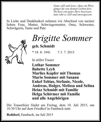 Traueranzeige von Brigitte Sommer von Südthüringer Presse