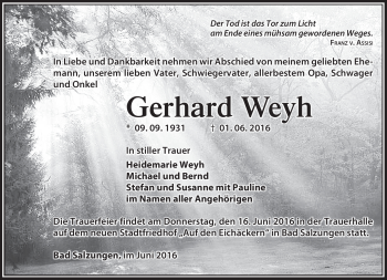 Traueranzeige von Gerhard Weyh von Südthüringer Presse