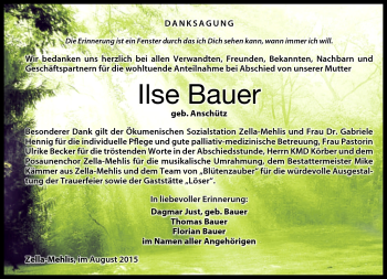 Traueranzeige von Ilse Bauer von Südthüringer Presse