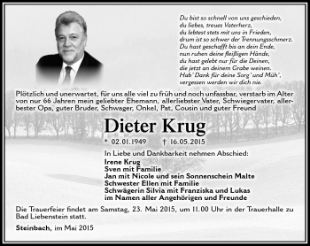 Traueranzeige von Dieter Krug von Südthüringer Presse