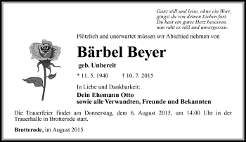 Traueranzeige von Bärbel Beyer von Südthüringer Presse