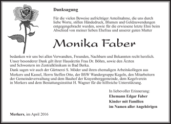 Traueranzeige von Monika Faber von Südthüringer Presse