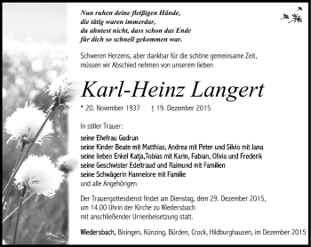 Traueranzeige von Karl-Heinz Langert von Südthüringer Presse