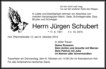 Traueranzeige von Jürgen Schubert von Frankenpost