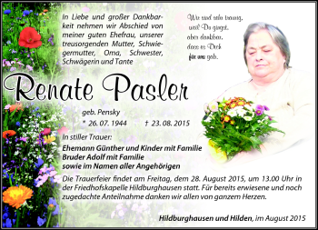 Traueranzeige von Renate Pasler von Südthüringer Presse