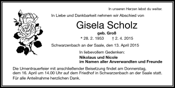Traueranzeige von Gisela Scholz von Frankenpost