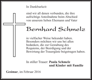 Traueranzeige von Bernhard Schmelz von Südthüringer Presse