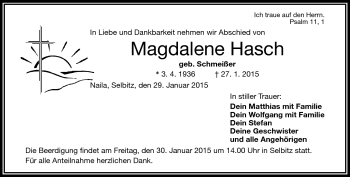 Traueranzeige von Magdalene Hasch von Frankenpost