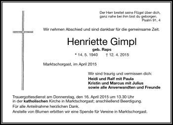 Traueranzeige von Henriette Gimpl von Frankenpost