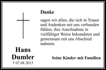 Traueranzeige von Hans Dumler von Frankenpost