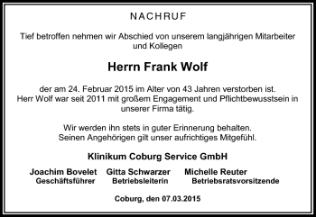 Traueranzeige von Frank Wolf von Neue Presse Coburg
