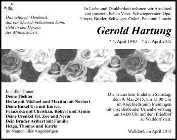 Traueranzeige von Gerold Hartung von Südthüringer Presse