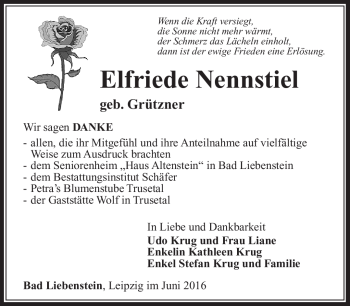 Traueranzeige von Elfirede Nennstiel von Südthüringer Presse