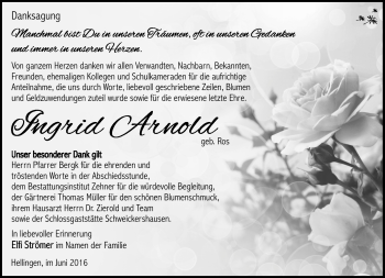 Traueranzeige von Ingrid Arnold von Südthüringer Presse