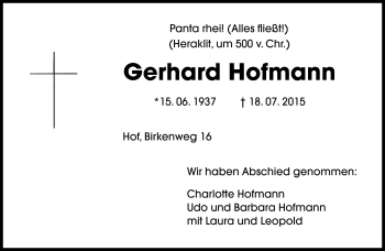 Traueranzeige von Gerhard Hofmann von Frankenpost