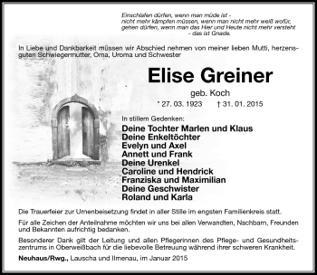 Traueranzeige von Elise Greiner von Südthüringer Presse