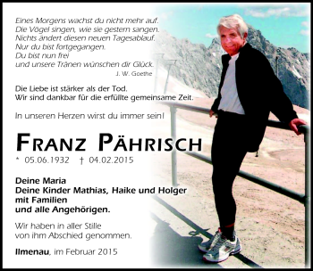 Traueranzeige von Franz Pährisch von Südthüringer Presse