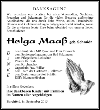 Traueranzeige von Helga Maaß von Südthüringer Presse