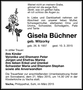 Traueranzeige von Gisela Büchner von Südthüringer Presse