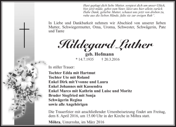 Traueranzeige von Hildegard Luther von Südthüringer Presse