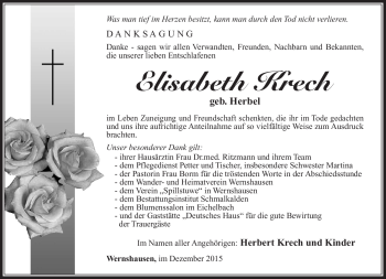 Traueranzeige von Elisabeth Krech von Südthüringer Presse