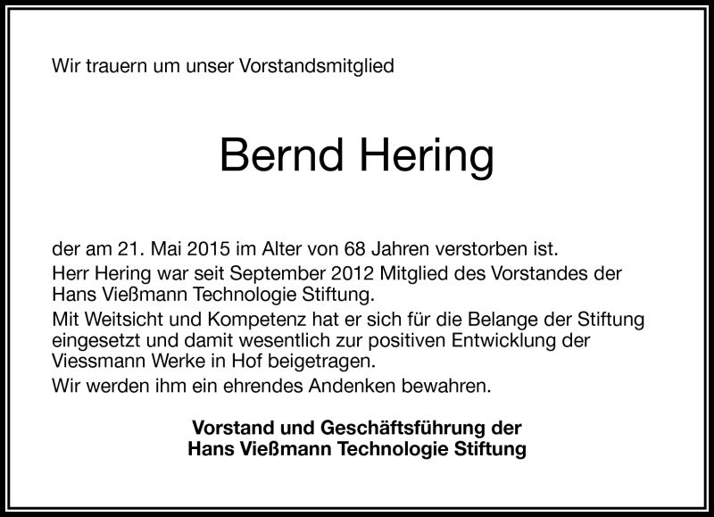  Traueranzeige für Bernd Hering vom 26.05.2015 aus Frankenpost