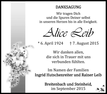 Traueranzeige von Alice Leib von Südthüringer Presse