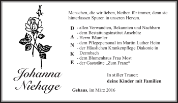 Traueranzeige von Johanna Niehage von Südthüringer Presse