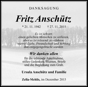 Traueranzeige von Fritz Anschütz von Südthüringer Presse