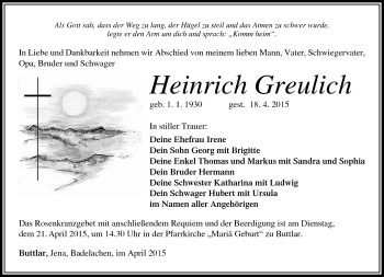 Traueranzeige von Heinrich Greulich von Südthüringer Presse