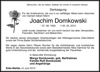 Traueranzeige von Joachim Domkowski von Südthüringer Presse