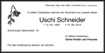 Traueranzeige von Schneider Uschi von Frankenpost