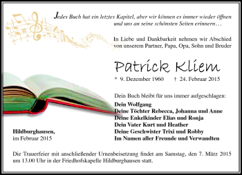 Traueranzeige von Patrick Kliem von Südthüringer Presse