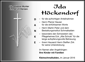 Traueranzeige von Ida Höckendorf von Südthüringer Presse