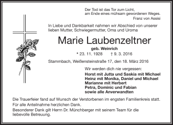 Traueranzeige von Marie Laubenzeltner von Frankenpost