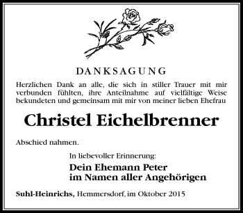 Traueranzeige von Christel Eichelbrenner von Südthüringer Presse