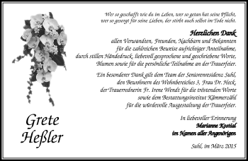 Traueranzeige von Grete Heßler von Südthüringer Presse